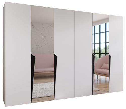 MEBLE KRYSPOL - Kleiderschrank - Garderobenschrank - 300 cm x 202 x 52 cm - Schrank mit Kleiderstange und Spiegel, 6 Türen - für Schlafzimmer, Flur - Piano, Weiß, Griff Schwarz