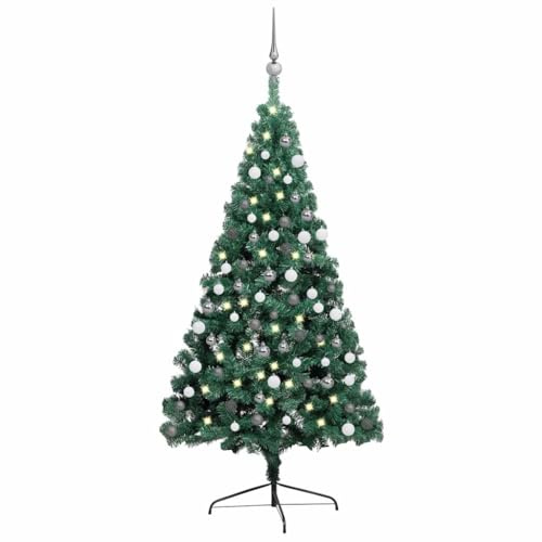 Generico Albero di Natale a metà Preilluminato con Palline Verde 150 cm,Alberi di Natale