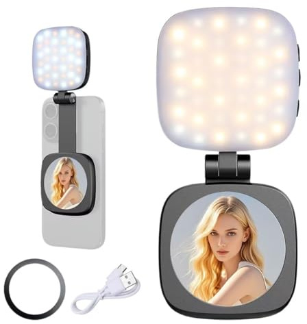 Selfie-Licht, Handy Fülllicht mit Schminkspiegel, 5 Lichtmodi & 5 Helligkeitsstufen, Starke Magnetbefestigung universal für Smartphone, Handy licht für Selfie Make-up Vlog Photo Videoanruf Fotografie
