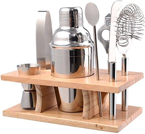 10 Piece Stainless Steel Bar Tool Set with Wooden Display Stand - Includes Cocktail Shaker Filter & Cap, Strainer, Fruit Knife, Ice Tongs, Beer & Wine Bottle Opener, Muddler, Dual Measure Jigger