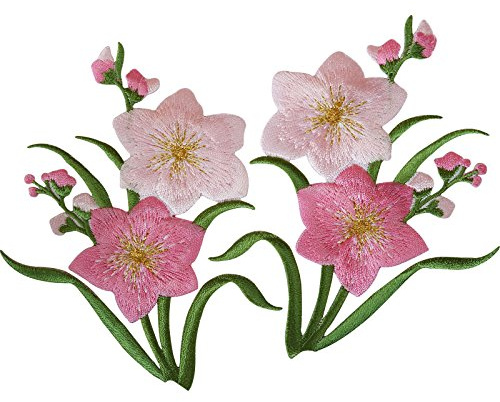 Pair of Pink Flower Patches Iron Sew On Flowers Embroidered Patch Badge Applique