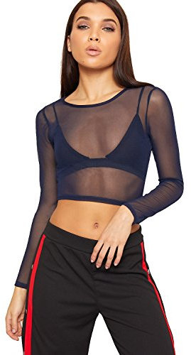 WearAll Womens Sheer Mesh Crop Top Ladies Long Sleeve Crew Neck Plain Stretch New - Navy Blue - 12-14