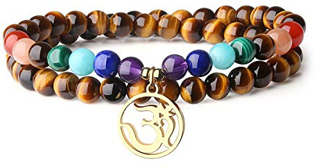 COAI Geschenkideen Unisex Yoga Armband aus Tigerauge mit 7 Chakren und OM Anhänger