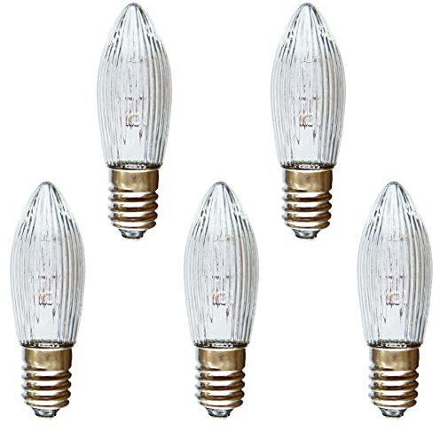 AUSWAHL 8V - 55V - netSells - 5er Set - 34V 3W Topkerze Riffelkerze Spitzschaftkerze - für Schwibbogen u. Lichterketten - für INNEN - für 7 Brennstellen - klar