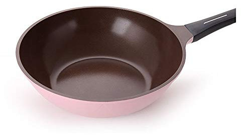 Padella da Wok, 28cm in Materiale Ceramico Doppio Strato Rivestimento Antiaderente Meno Fumo d'olio Con Coperchio in Vetro Temperato Impugnatura Antiscottatura, Rosa