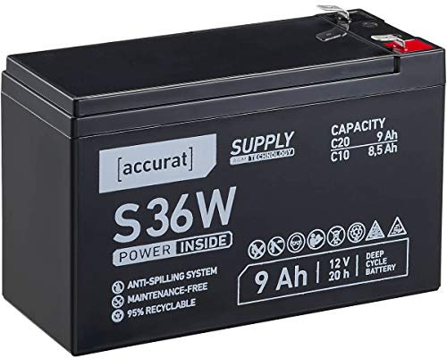 Accurat AGM Batterie S36w - 12V, 9Ah, zyklenfest, wartungsfrei - VRLA Versorgungsbatterie, Blei Akku, Solarbatterie, Bootsbatterie für Wohnmobil, Wohnwagen, Camper, Bootsbatterie