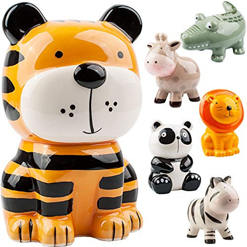 alles-meine.de GmbH 4 Stück große XL Spardosen - lustige Tiere - stabile Sparbüchse - aus Porzellan/Keramik - mit Verschluss - 18 cm - Sparschwein - für Kinder & Erwachsene /..