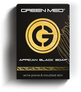 Green Med® African Black Soap - Beseitigt Akne | Pickel und Aknenarben | Regeneriert die Haut | Poren tief reinigen und beschädigte Poren regenerieren | Gesichts- und Körperleiste | 80 g Seife