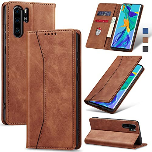 Jasonyu Handyhülle für Huawei P30 Pro Hülle Leder Flip Klappbare Stoßfeste Magnetische Premium PU Leder Standfunktion Kartenfächern Schutzhülle Klapphülle für P30 Pro,Braun