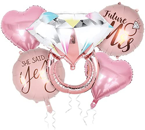 Bealif Engagement Decorations - Diamond Ring Balloons 22in Rose Gold 'She Said Yes' Future Mrs Heart Foil Balloons for Wedding Bridal Decorations (5pack)
