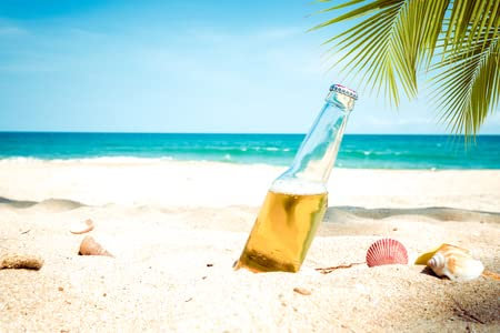adrium Acryl-Bild 110 x 70 cm: Bierflasche an einem Sandstrand mit Palme. Vintage-Farbton-Effekt(73553531)