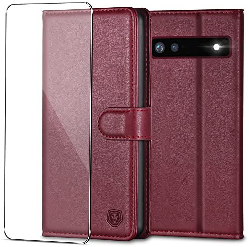 Handyhülle für Google Pixel 6A Hülle mit Panzerglas Schutzfolie Premium PU Leder Pixel 6A Klapphülle Brieftasche Kartenfach Ständer Magnet Handytasche Case Schutzhülle für Google 6A 5G - Weinrot
