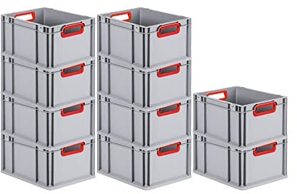 PROREGAL SuperSparSet 10x Eurobox NextGen Color | HxBxT 22x30x40cm | 20 Liter | Griffe rot offen | Glatter Boden | Eurobehälter, Transportbox, Transportbehälter, Stapelbehälter