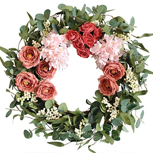 TEMPUS 20 inches Artificial Pink Peony Wreath for Front Door Wreath with Hydrangea Green Leaves Valentines Mother's Day Decor Wall Wedding Party Home Decor (Pink)