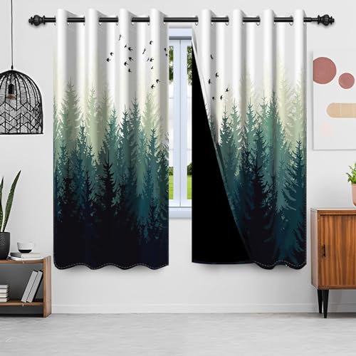 Uiiooazy Gardinen Wald, Vorhänge Grün Blätter Pflanzen Baum Waldmotiv Thermovorhange Blickdicht Polyester Vorhang Verdunkelungsvorhänge mit Ösen für Schlafzimmer Wohnzimmer Kinderzimmer, 140x245cm