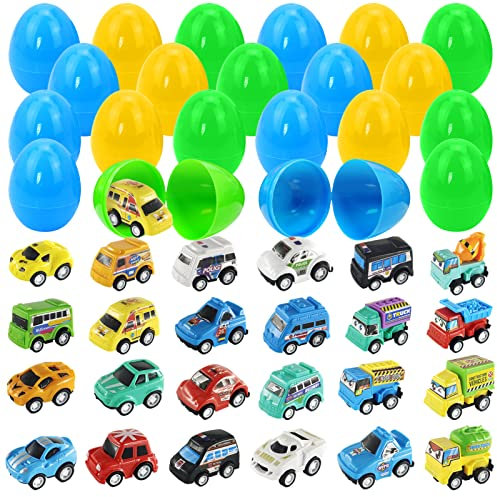 Meanju 24 Stück Ostereier Gefüllt mit Spielzeugautos, Bunt Vorgefüllte Kunststoff Ostern Eier mit Druckgussautos für für Ostern Partyzubehör, Osterkorb Füllstoffe, Osternest (24 Stück)