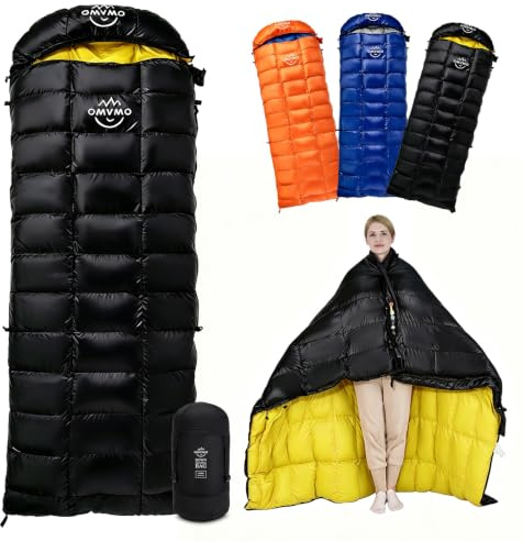 OMVMO Daunenschlafsack für Erwachsene, 4 Jahreszeiten, kaltes Wetter, rechteckig, tragbar, für Camping, Wandern, kann als Decke, Steppdecke oder Umhang verwendet Werden, mit Netz-Sackschnallenriemen