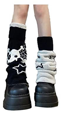 QXFQJT Women Girls Leg Warmers Y2k Star Skull Harajuku Gyaru Japanese Goth Leg Warmers Knit Striped Long Leg Cover, Black, Adjustable