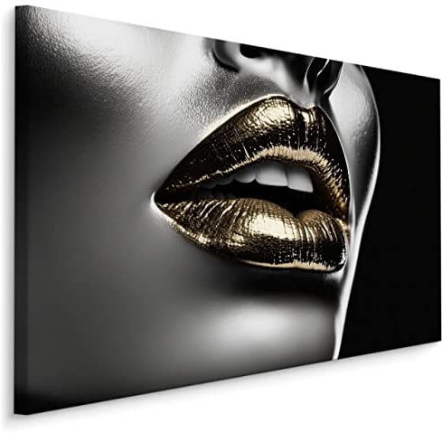 Muralo - Leinwandbild Gesicht Frau Goldene Lippen Aufhängefertig - Wandbild Kunstdruck für Wohnzimmer Schlafzimmer Büro Wanddeko Modern Vintage Glamour Loft Stil 30 cm x 20 cm
