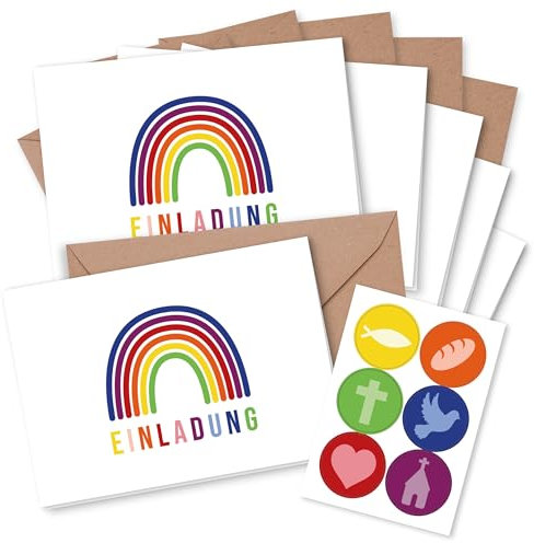 Papierdrachen 6 Einladungskarten für christliche Feste wie Taufe, Kommunion, Konfirmation, Firmung - Motiv Regenbogen - Klappkarten mit Umschlag und passenden Stickern- DIN A6 - Set 4