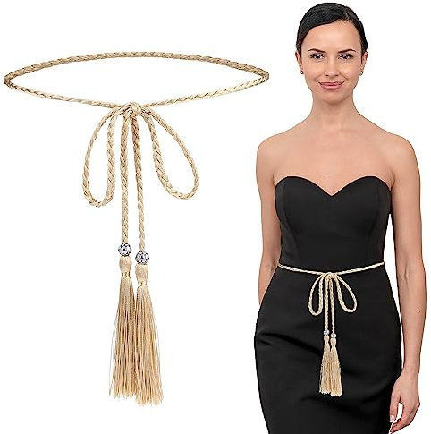 TIESOME Women's Thin Braided Belt Trendy Boho Thin Belt Waistband Tassel Braided Waist Belt for Skirt Dress (Gold)