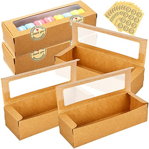 UPKOCH 50Pcs Kraft Macaron Boxes with Clear Window 19.7x6.5x5cm/7.7x2.5x1.9in Brown | Bakery Packaging Containers for Desserts, Cookies, Chocolates & Donuts | Includes 8 Stickers for Shop, Home, Gift