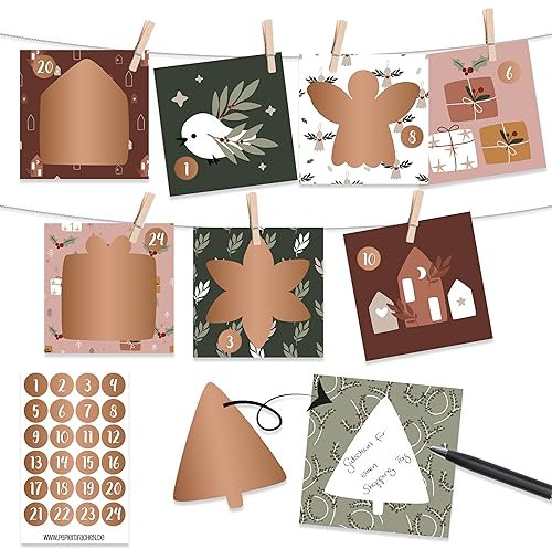 Papierdrachen Adventskalender 2025 mit Rubbelkarten 12x12cm - 24 Karten zum Personalisieren, Zahlenaufkleber (rose-gold), Kordel, Holzklammern zum Aufhängen - Hygge - Set 02