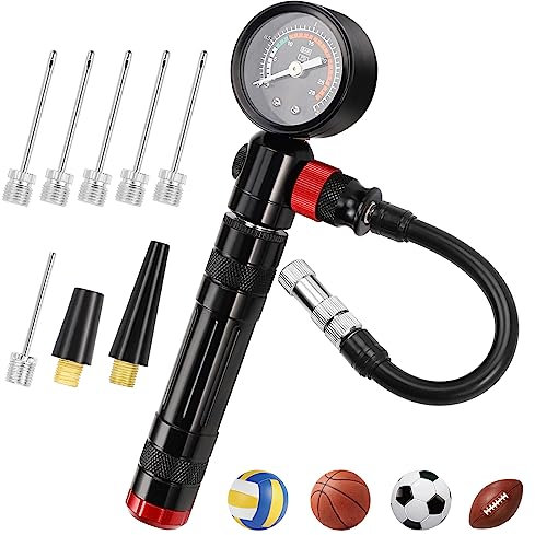 Ball Pump with Pressure Gauge, Portable Air Pump for Sports Balls, Hand Air Pump for Balls with 5pcs Needles & 2 Nozzles, Fit for Basketball, Football, Volleyball, Rugby and Other Inflatable Balls