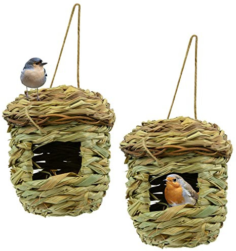 Woodside Hanging Bird Box/Nest for Small Songbirds/Hummingbird, Outdoor Garden Bird House, Natural Materials, Pack of 2