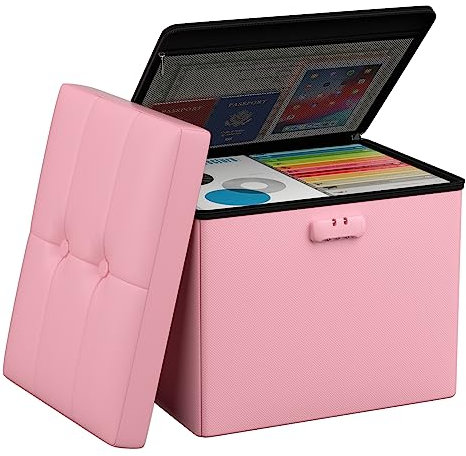 Tamfile Ottoman, 43 x 33 x 33 cm Fireproof Waterproof Folding Storage Footstool Box with Lock, Faux Leather Ottoman Storage Bench Chest with Lid and Handle for Bedroom, Hallway, Living Room, Pink