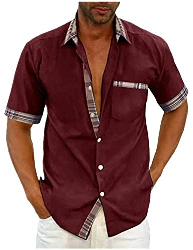 Feibeauty ManschettenknöPfe Herren Sportshirt Herren Weisse Hemden Hemd Herren Kurzarm Männer Gestreiftes Revers Hemden Mit Tasche Button Down LäSsige Kurzarmhemd 20er Jahre Herren (Wein, M)