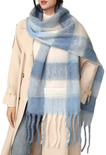 MININAI Écharpe d'hiver épaisse pour femme - Pour temps froid - Chaud - Épais - À carreaux - Longue et grande taille, bleu ciel, taille unique