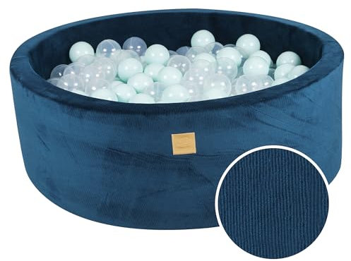 MEOWBABY Piscine à balles souple pour tout-petits et bébés 90x30 cm en velours côtelé intérieur/extérieur avec balles incluses, 200 pièces – Aire de jeux pour enfants (bleu marine: menthe/transparent)