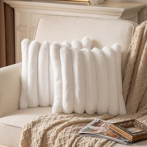 Yaertun 2er Set gestreifte Kissenbezug 40x40cm Cremeweiße dekorative Kissenbezüge Sofakissen Dekokissen Wurfkissenbezug zierkissenbezug plüsch Kunstfell Kissenhülle Schlafzimmer Wohnzimmer