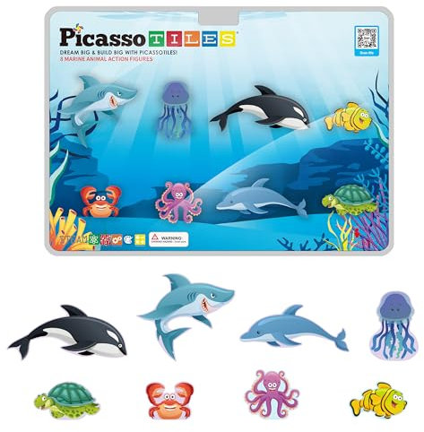 PicassoTiles Magnet Tile Building Blocks 8 Marine Animal Action Figures Compatible Magnetic Accessory Playset Tiles Kids Toys STEM Educational Learning Preschool Toddler Girls Boys Age 3+ PTA25