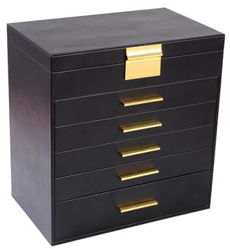 ASINGYER Große Schmuckschatulle – 6-lagiger Schmuckhalter mit Spiegel für Halsketten, Ohrringe und Armbänder, Schmuckboxen und Organizer für Damen (6 Ebenen, schwarz)