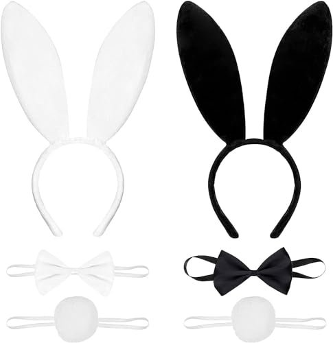 Hasenohren Haarreif, Halloween Cosplay Kostüm Dress Up, Kaninchenohren Bunny Ohren Haarreif, Plüsch Stirnband Fliege Schwanz Set für Halloween Karneval Ostern Party Kinder Erwachsene Schwarz Weiß