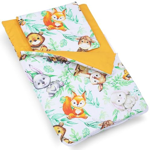 PinkZebra Puppenschlafsack 2-teiliger Set für Puppen, Puppenschlafsack mit Kissen für Puppenbett, Puppenbettzeug beidseitig, aus Baumwolle, Babytiere