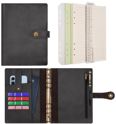 Wonderpool Ringbuch Notizbuch A5 Nachfüllbar Leder Tagebuch Organizer Binder Ordner mit Taschen Liniertes Papier Stift für Büro Schule Geschäft Reisen Planung Schreiben (Schwarz,A5)