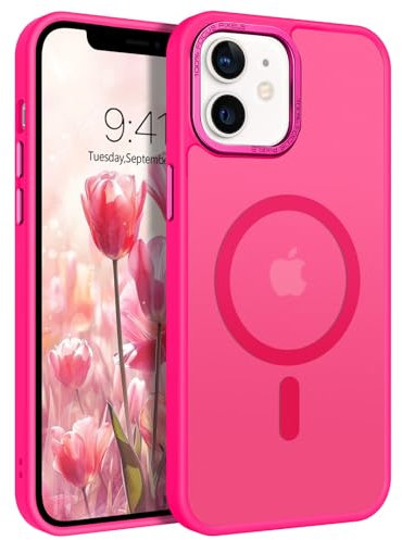 DUEDUE Coque pour iPhone 12, Compatible avec MagSafe Protection pour iPhone 12 Pro Matte Fine Rigide Antichoc, Coque de Téléphone pour iPhone 12/Pro 6.1, Aimant Magnétique Rose Fluo