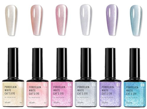 Jelly Cats Eye Gel Nail Polish Set - 6 Colours, Magnetic, Glitter Nude Silver Pink, Holographic, Soak Off UV/LED, 8ML