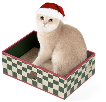 Conlun Rascador para Gatos con Caja, Duradero Rascador Gato de Cartón, Doble Cara, Agujeros Interactivos, Diseño Antisuciedad, Juguete para Gatitos (1 Unidad, Mediano, Cuadros)