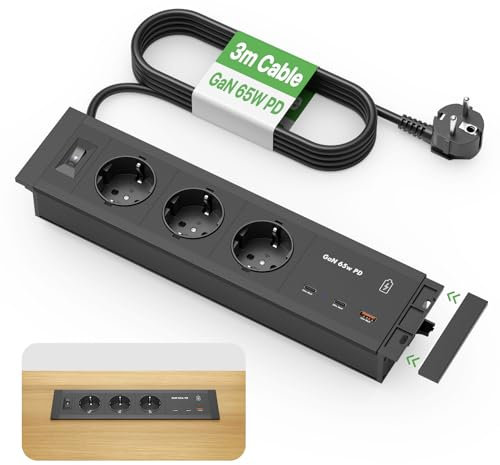 Aluminium Bloc Prise Encastrable Plan de Travail avec Câble 3m, 3 Prises 2 USB-C (PD 65W), Charge Rapide GaN, Multiprise Escamotable avec Interrupteur, Idéal pour Bureau, Table de Chevet, Tiroir