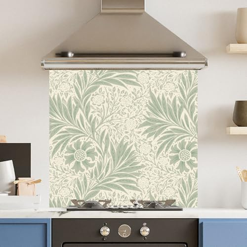 Toughened 6mm Glass Kitchen Splashback 70 x 65cm Pale Green Leaf Pattern Heat Resistant Back Splash for Cookers Hob