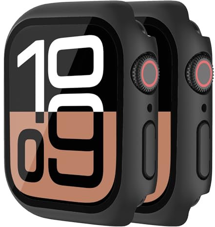 HANKN 2 Piezas Duro Mate 42mm Funda para Apple Watch Series 10 42mm Funda Protector de Pantalla Vidrio Templado, Cobertura Completa Claridad Iwatch Estuche (42 mm, Negro+Negro)