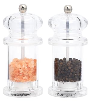 Buckingham Premium Salt & Pepper Grinder Set Clear Acrylic Adjustable Ceramic Grind Mechanism Professional Spices Mill Set Fits in Home Kitchen Outdoor