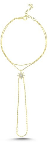 ELVNY Handkette Armband Ring 925 Sterling Silber 14K vergoldet/Platin plattiert Zierliches Fingerarmband Zirkon Hochzeitsschmuck Geschenke für Frauen, verstellbare Größe (HandKette-11, 14K vergoldet)