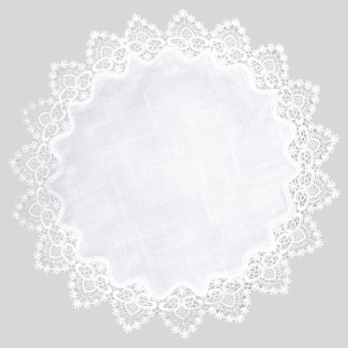 URROMA Runde Leinendeckchen, 60 x 60 cm, wei遝 Tischdecke mit Spitzenbesatz, Couchtischdekoration, Tischdecke f黵 Esszimmer, K點he, 1 St點k