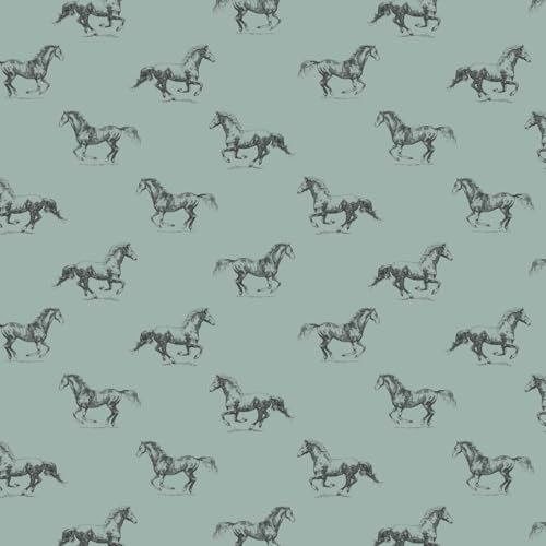 VmG-Store 1m Baumwollstoff zum Nähen 100% Baumwolle Nähstoff KEINE Meterware Kinderstoff (Pferde Galopp Grün Bb010)