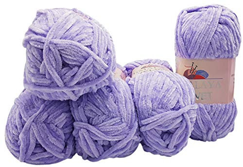 5x 100 Gramm Strickwolle Ilkadim Export Velvet Micro-Polyester, 500g Babywolle samtig, Strickgarn einfarbig (flieder 90005)